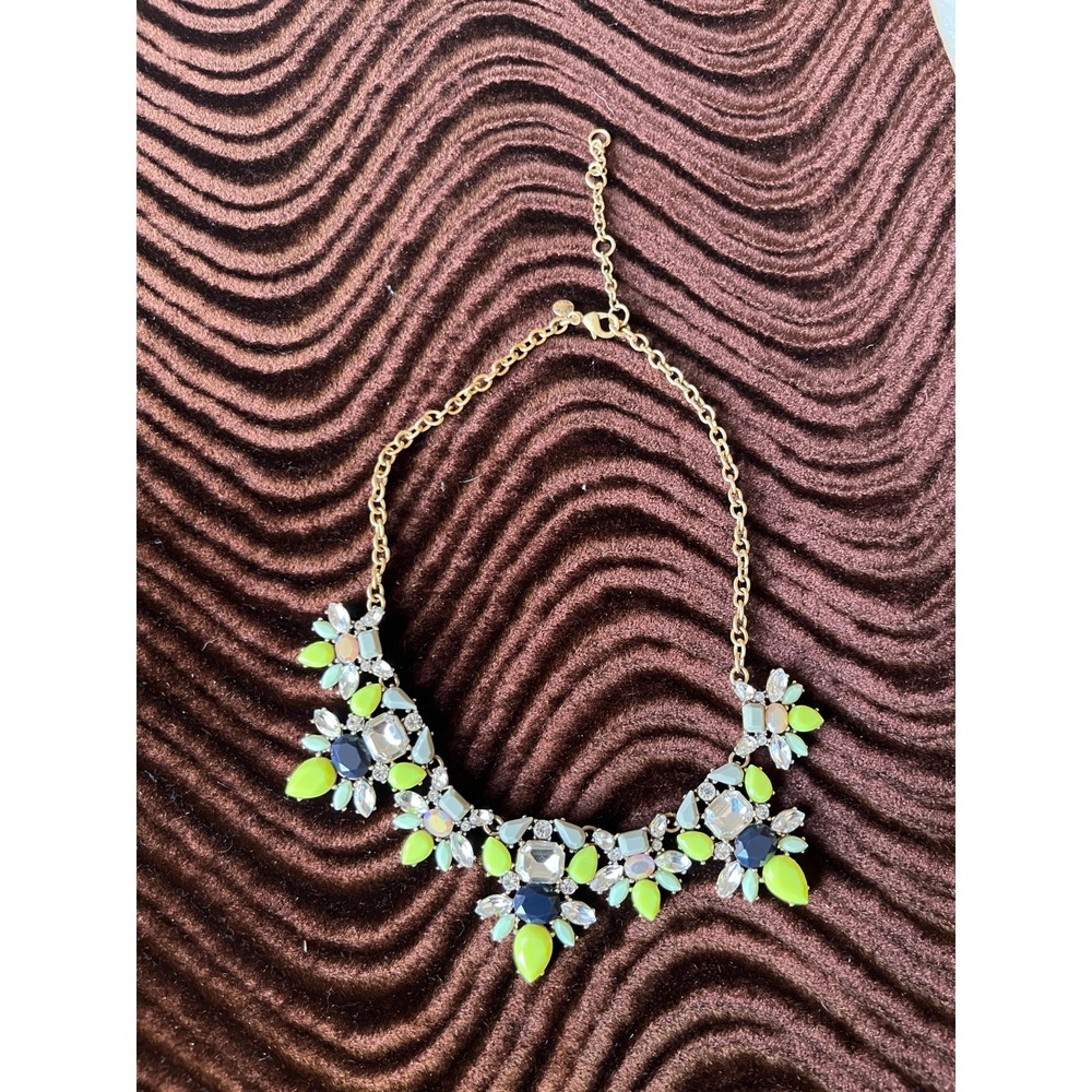 j crew statement necklace, gold, green, blue and clear
